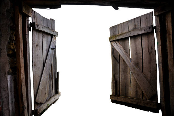 open the old gate into the unknown - barn door imagens e fotografias de stock