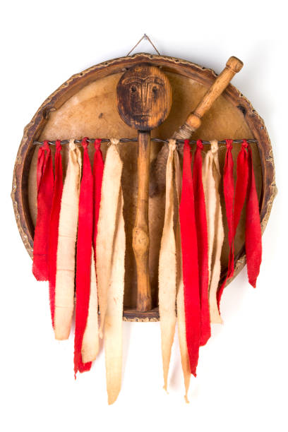 istock Ancient indian tambourine drum drumstick replica 908545432