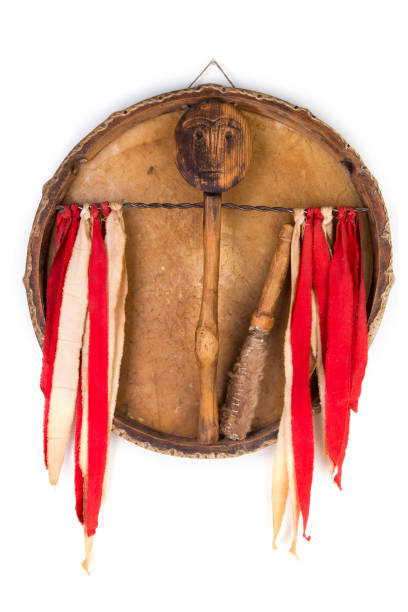 istock Ancient indian tambourine drum drumstick replica 908545434
