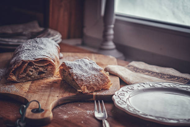 Tasty pear fruit strudel on white plate