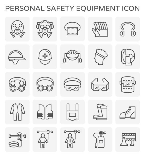 safety equipment icon Safety equipment and tool icon set. safety harness stock illustrations