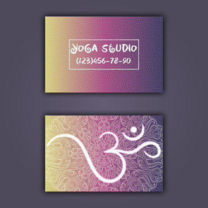 Business card for yoga studio or yoga instructor. Ethnic background with mandala ornament and ohm.