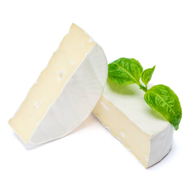 istock Piece of brie or camambert cheese on a white background 908546174