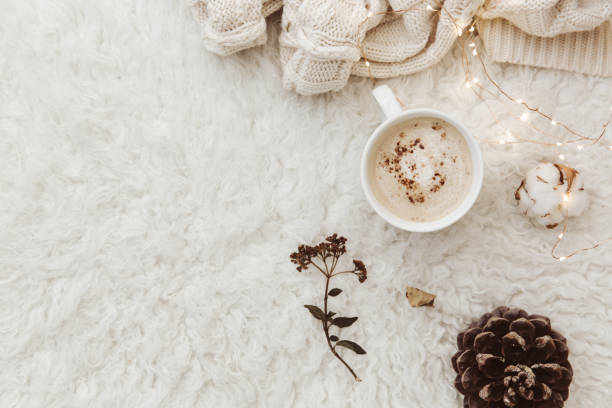istock Flat lay composition with cup of coffee. Cozy scene 908547198