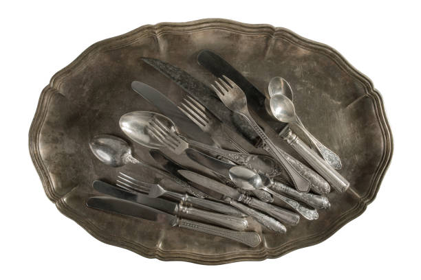 vintage silver tray and serving cutlery isolated on white background - focus on foreground eating utensil serving utensil tray imagens e fotografias de stock