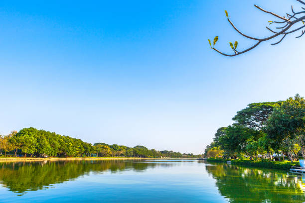 istock beautiful lake in the park on blue sky 908550664