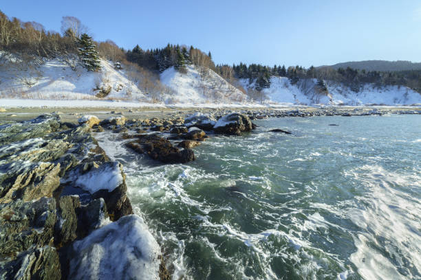 il gelido silenzio della riva del mare e delle rocce, isola di sakhalin, russia. - isola di sakhalin foto e immagini stock