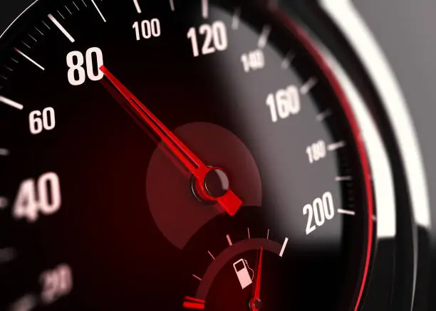 3d illustration of a speedometer with needle pointing the number 80.