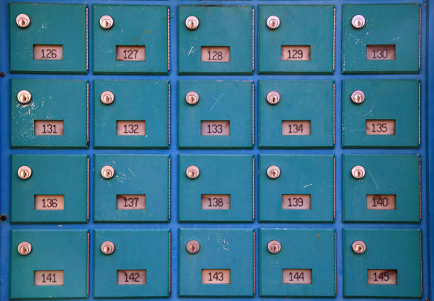 Old green vintage post boxes with numbers, mailbox pattern, group of old letterbox with lock