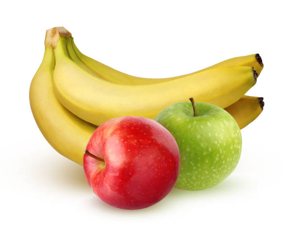 istock Bunch of bananas and two apples, isolated on a white background. 908564386
