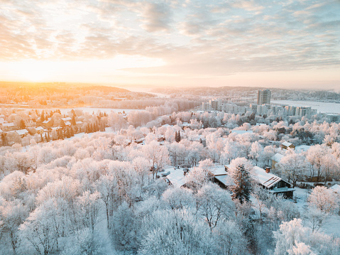 Idyllic winter Turku city (Finland) sunrise with a frost on the trees