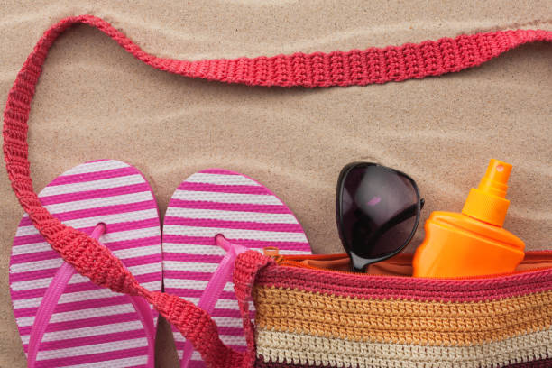 istock Beach accessories. Bag, sunglasses and flip flops. With a place for your text. 908571024