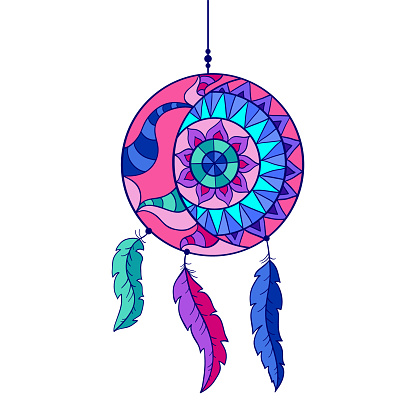 Dream catcher symbol. Sun and moon. Ethnic indian element. Native american pattern. Dreamcatcher totem icon. Aztec amulet. Boho chic fashion print. Bohemian flower ornamental design.