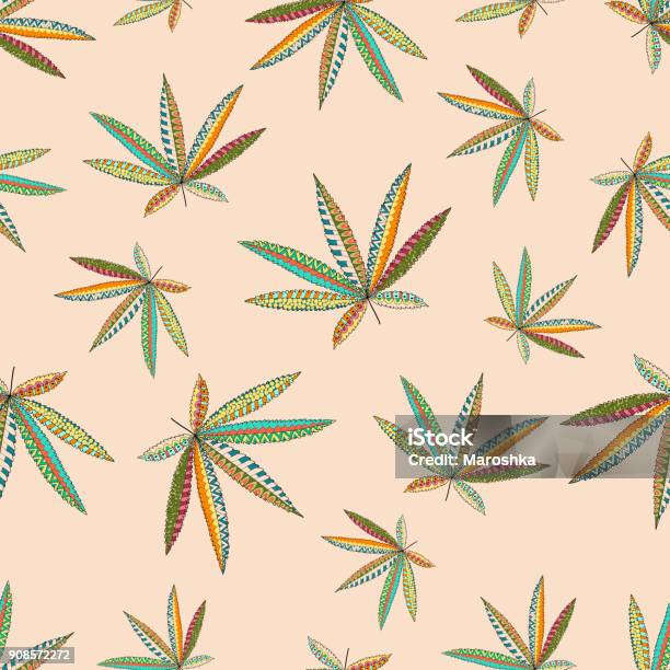 Hemp Cannabis Leafs In Ornamental Style Stock Illustration - Download Image Now - Cannabis Plant, Illustration, Leaf