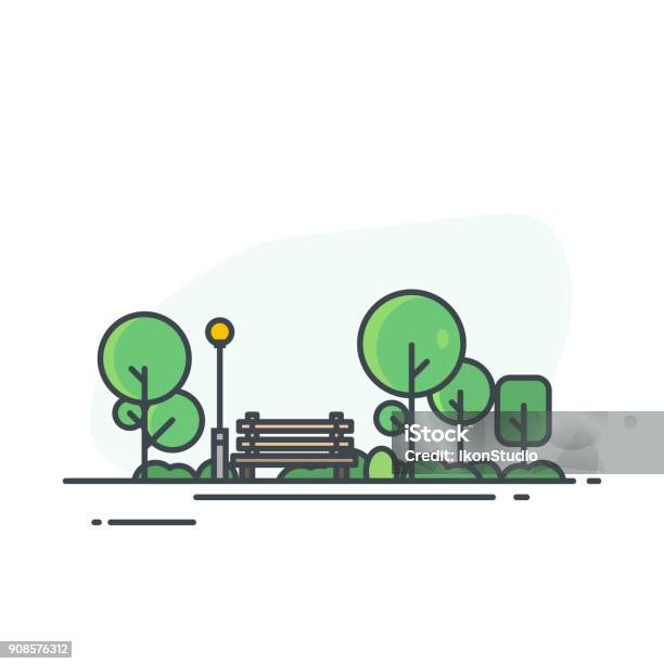 Ilustración de Parque De La Ciudad Con El Banco y más Vectores Libres de Derechos de Parque natural - Parque natural, Parque público, Plaza