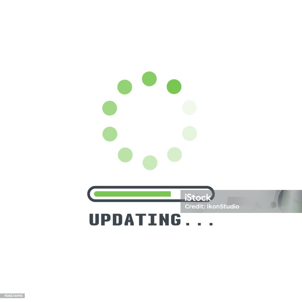 Upadting line icon Updating software icon. Circle with transparent circling and spinning dots. Download process symbol with progress bar. Installing app or software. Green Color stock vector
