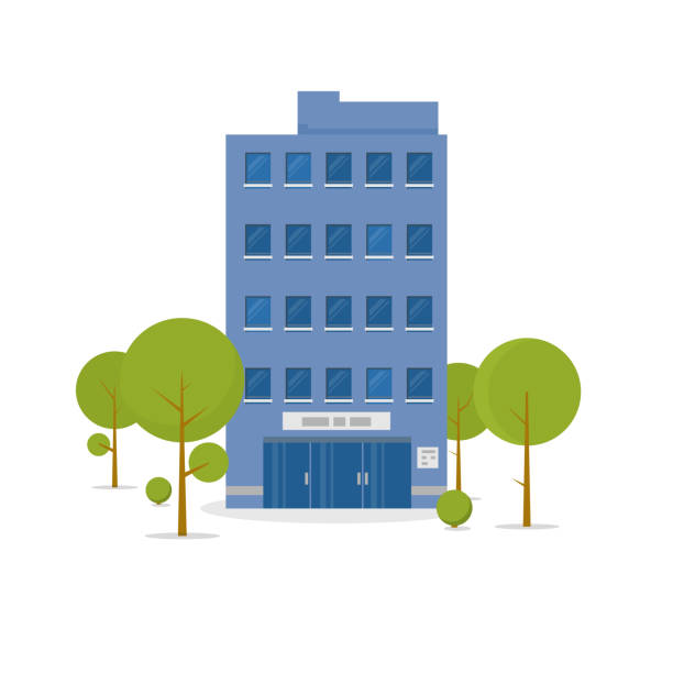Business building illustration Business building in green recreation park zone. Downtown office with board, and big central entrance and green trees near building. Urban architecture concept. Flat style vector illustration. office building stock illustrations
