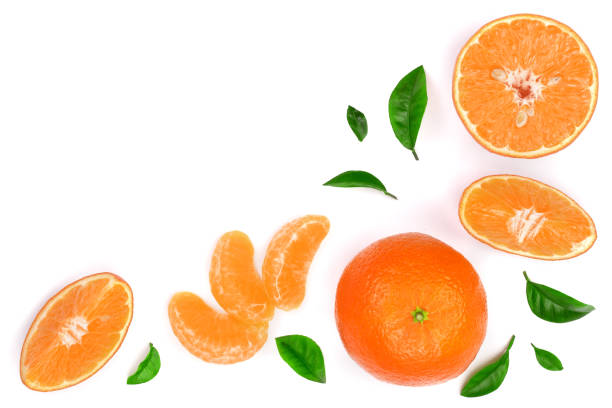 istock orange or tangerine with leaves isolated on white background with copy space for your text. Flat lay, top view 908587298