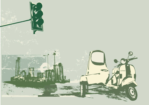 ilustraciones, imágenes clip art, dibujos animados e iconos de stock de scooter vintage - motorcycle motor scooter silhouette off road vehicle