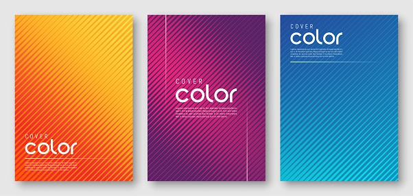 Abstract gradient geometric cover designs, trendy brochure templates, colorful minimalist posters. Vector illustration. Global swatches.