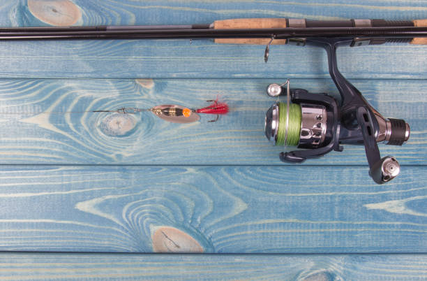 istock Fishing equipment. Spinning method. A place for an inscription. 908596910