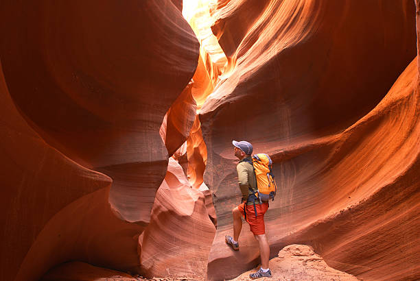 hiker sandstone desert slot canyon landscape  page arizona stock pictures, royalty-free photos & images