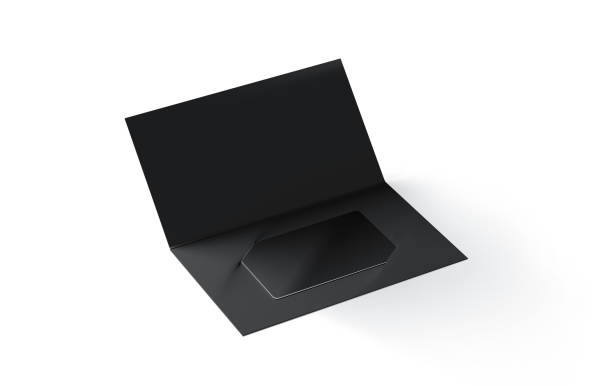 Blank black plastic card mockup inside paper booklet holder isolated, 3d rendering. Clear loyalty program folded brochure with certificate mock up. Customer loyal booklet envelope template.