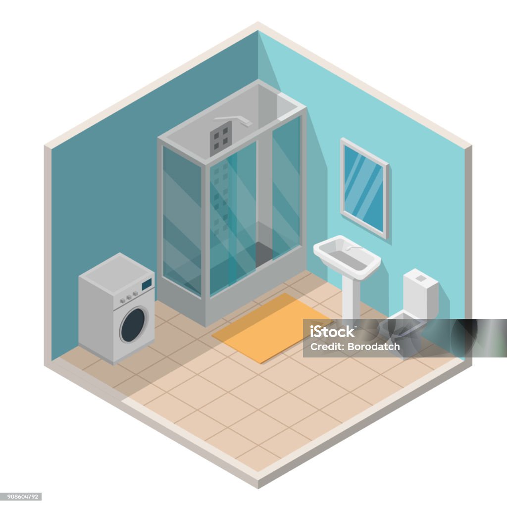 Bathroom isometric interior vector illustration modern of flat background. Bathtub stock vector