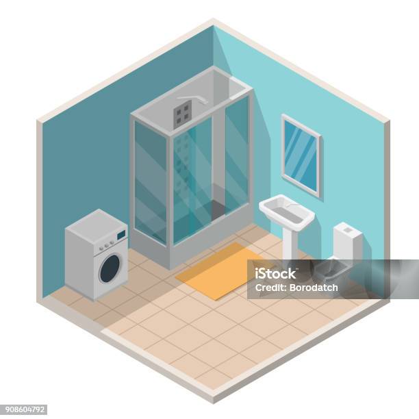 Bathroom Isometric Interior Vector Illustration Modern Of Flat Background Stock Illustration - Download Image Now