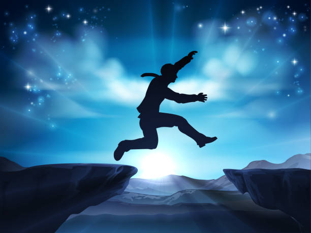 High Risk Business Concept Businessman in silhouette in mid air jumping across a mountain gap. A concept for taking a leap of faith, being courageous or taking a risk in business or ones career. leap of faith stock illustrations