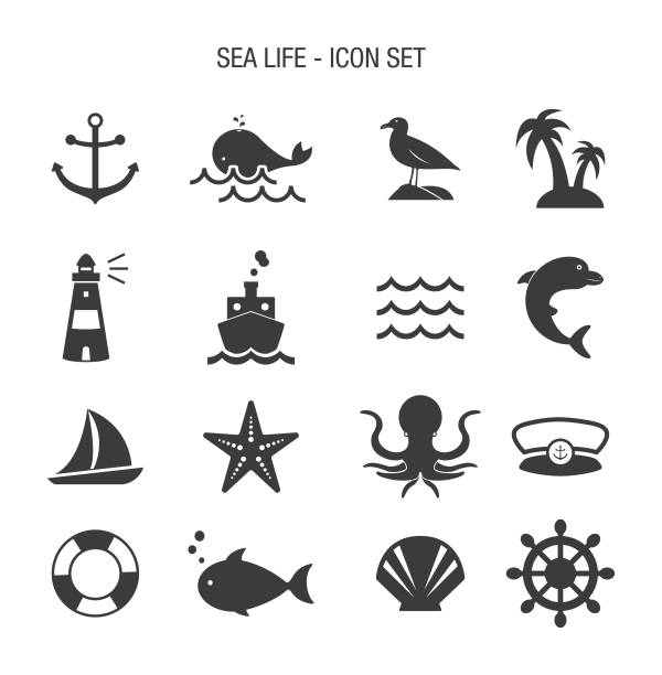 ilustraciones, imágenes clip art, dibujos animados e iconos de stock de conjunto de iconos de vida marina - anchor harbor vector symbol