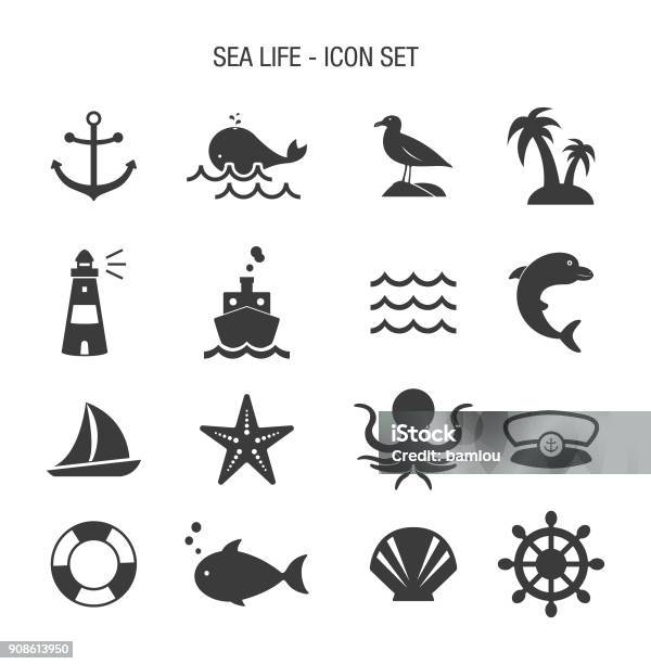 Sea Life Icon Set Stock Illustration - Download Image Now - Icon Symbol, Sea, Nautical Vessel