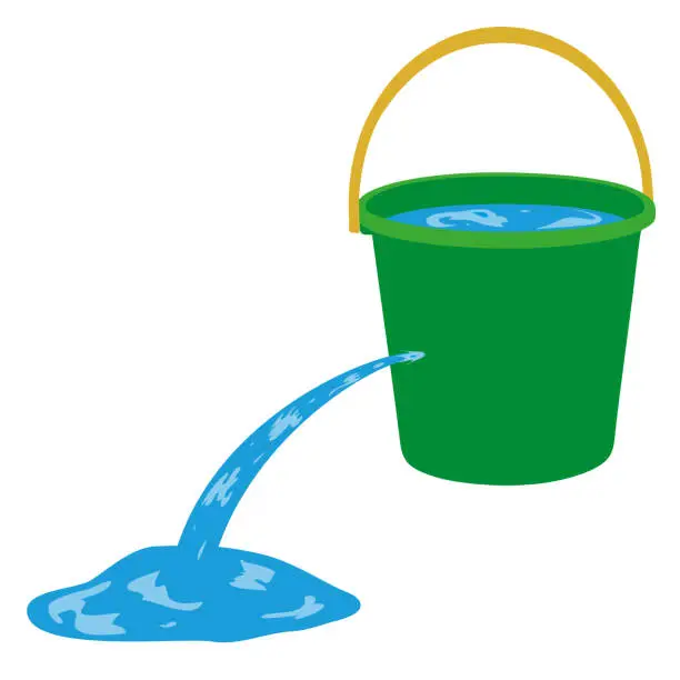 Vector illustration of Water is poured out of a hole in a bucket