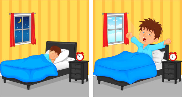 ilustrações de stock, clip art, desenhos animados e ícones de little boy sleeping in bedroom at night and he wake up in the morning - wakening