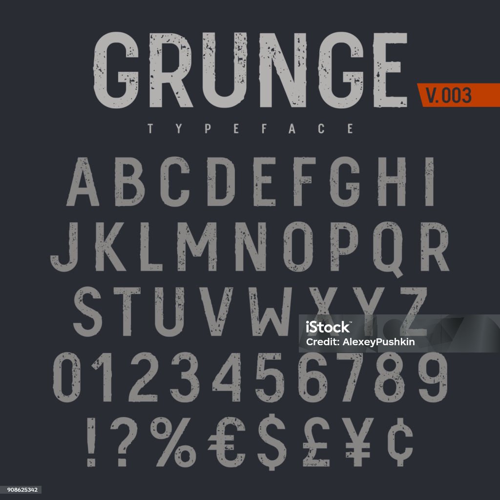 Grunge Font 005 Grunge textured font. Rough stamp textured typeface. Latin alphabet letters and numbers. Typescript stock vector