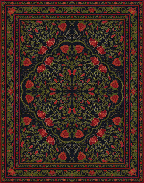 Green and red carpet. Colorful template for carpet, textile. Oriental abstract ornament. Green and red pattern with frame. tapestry stock illustrations