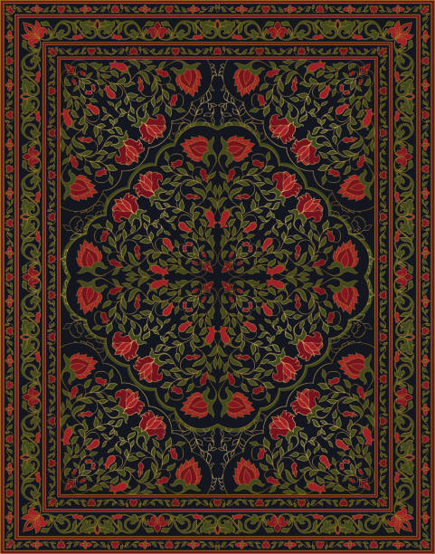 Green and red carpet. Colorful template for carpet, textile. Oriental abstract ornament. Green and red pattern with frame. black shawl wrap stock illustrations