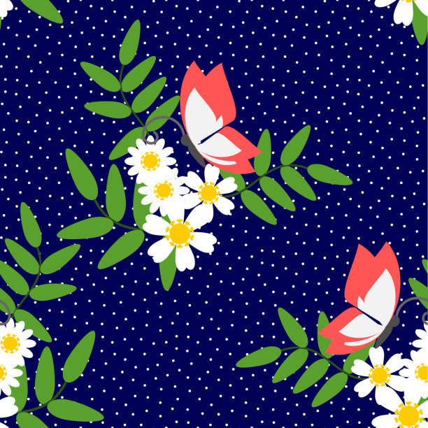 ilustraciones, imágenes clip art, dibujos animados e iconos de stock de vector patrón de hermosa flor blanca y mariposa sobre fondo de tono azul oscuro y manchado. - arrangement asia backgrounds balance