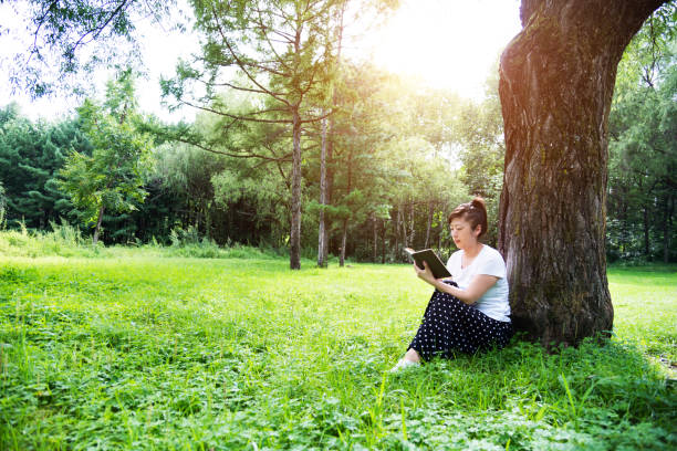 istock Woman reading a book under the tree 908626740