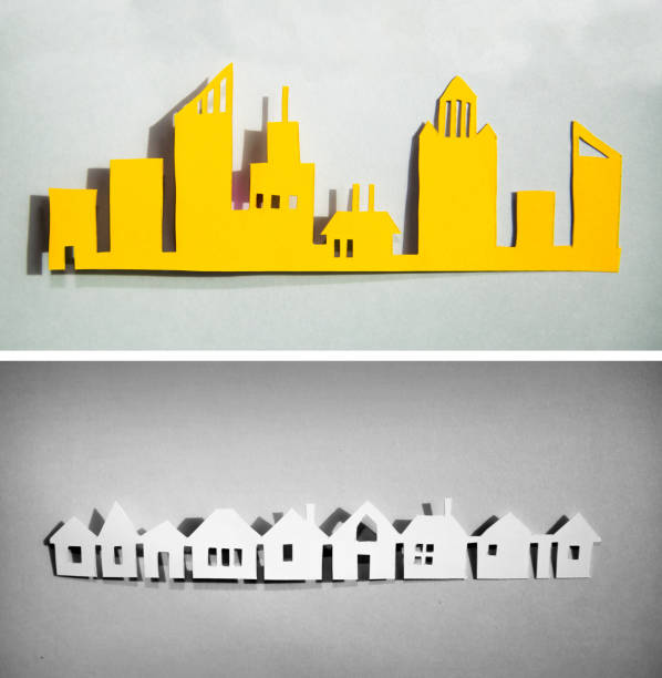 istock Paper cut design. Townhouses line. Abstract background 908636534