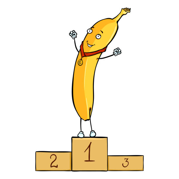 vektor-cartoon-figur - gelbe banane sieger auf dem podest fisrt - humor athlete trophy one person stock-grafiken, -clipart, -cartoons und -symbole