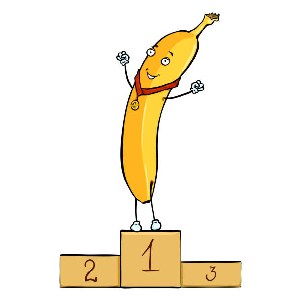 illustrazioni stock, clip art, cartoni animati e icone di tendenza di vector cartoon character - vincitore banana gialla nel fisrt place of pedestal - humor athlete trophy one person