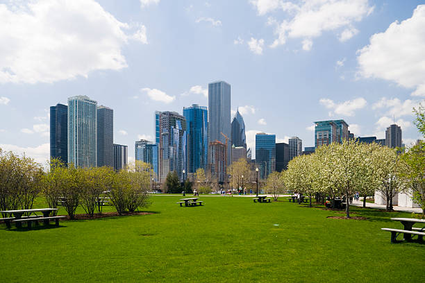 Park in Chicago showing the beautiful skyline