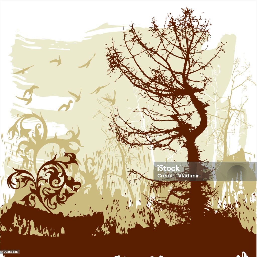 シルエットの木々と飛ぶ鳥のグランジ背景 - イラストレーションのロイヤリティフリーベクトルアート