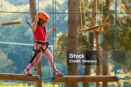 istock Portrait of cute little boy and girl walk on a rope bridge in an adventure rope park. 908639764