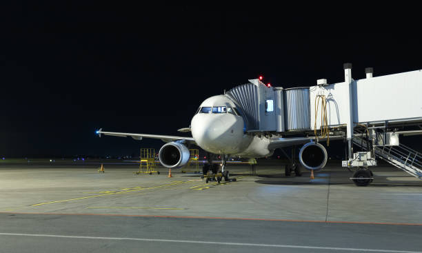 istock Modern white passenger airplane standing on parking place at night and get ready for boarding passengers in international airport Yekaterinburg. 908639786