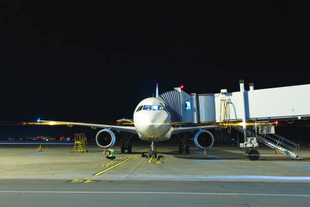 istock Modern white passenger airplane standing on parking place at night and get ready for boarding passengers in international airport Yekaterinburg. 908639852