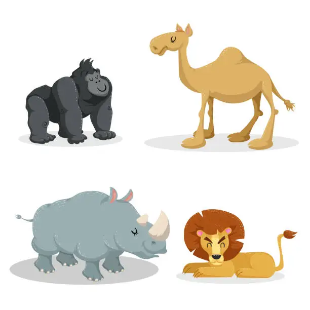 Vector illustration of Cartoon trendy style african animals set. Gorilla monkey, lion, dromedary camel, rhiniceros. Closed eyes and cheerful mascots. Vector wildlife illustrations.