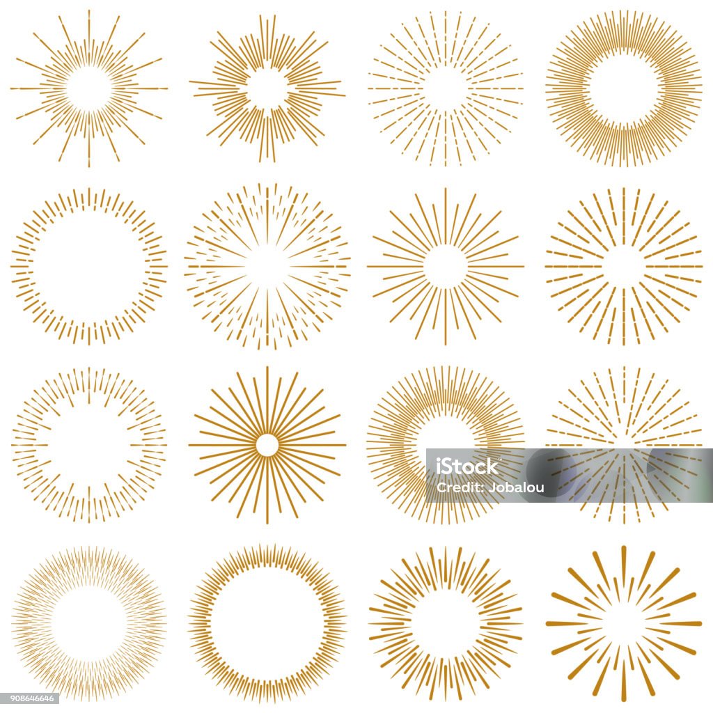 Golden Burst Rays Collection Vector Illustration of a beautiful collection of Golden rays of sunburst design elements. Vintage style elements for your graphics and your website design. Sun stock vector