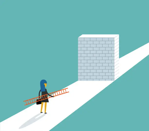 Vector illustration of Businesswoman standing in front of a large brick wall
